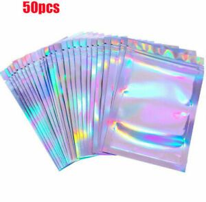 50x Plastic Bag Aluminum Foil Zipper Hologram Glitter Pouch Water Proof Storage
