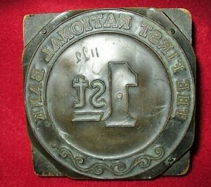 Antique FIRST NATIONAL BANK COPPER &amp; WOOD LETTER PRESS PRINTING BLOCK
