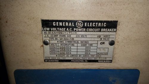 G.E. Low Voltage Power Circuit Breaker AKU-3A-50