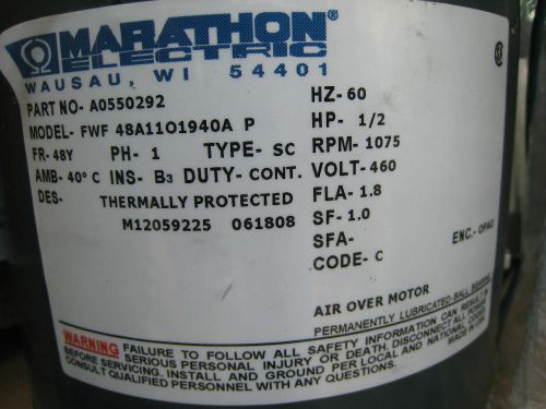 Marathon Electric 1/2 HP Motor Model FWT 48A1101940A  Part# A0550292 1Phase