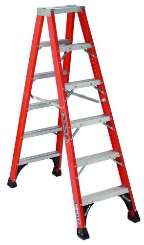 Double step 6-ft fiberglass twin front ladder, 375-pound duty for sale