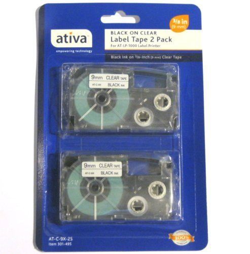 Ativa AT-C-9X-2S Black On Clear Label Tape 2 Pack 3/8&#034; (9mm) NEW