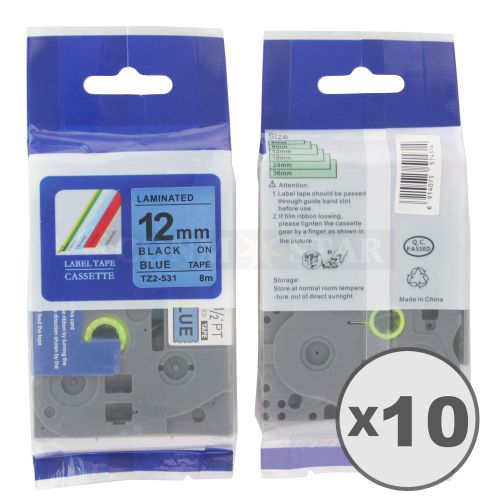 10pk Black on Blue Tape Label for Brother P-Touch TZ TZe 531 12mm 1/2&#034; 26.2ft