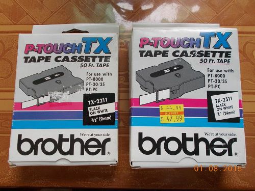 Brother Labeler Tape Cassettes TX-2211 and TX-2511 Black on White 3/8&#034; &amp; 1&#034;