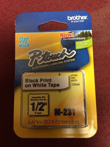 Brother P-Touch Electronic Label Tape, 1/2&#034;, Black Print on White Tape, M-231