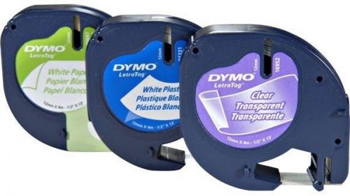3pk dymo 12331 letra tag variety pack 1-paper, 2-plastic labels letratag lt qx50 for sale