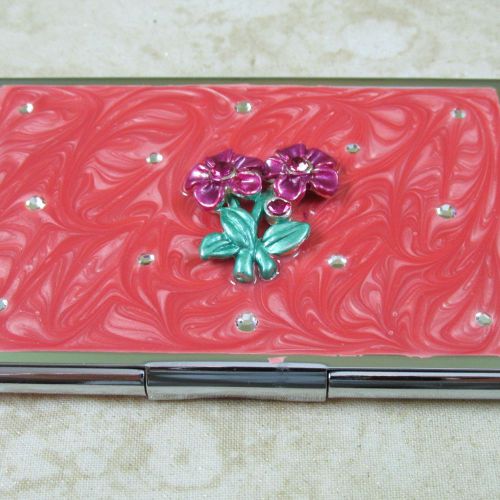 New Pink Swirly Enamel with Flowers Rhinestones Business Card Holder Silver-tone