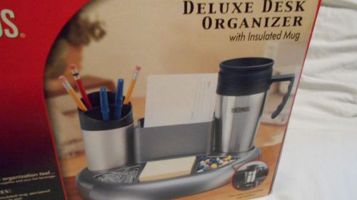 Desk Organizer w/ Thermos insulated Mug, pen/pencil holder, and sticky note pad.