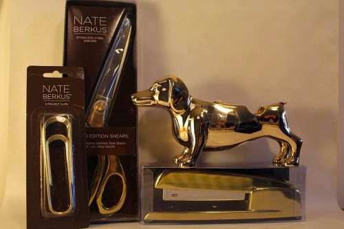 Nate Berkus Swingline Gold Stapler, Scissors, Dachshund Tape Dispenser, Clips