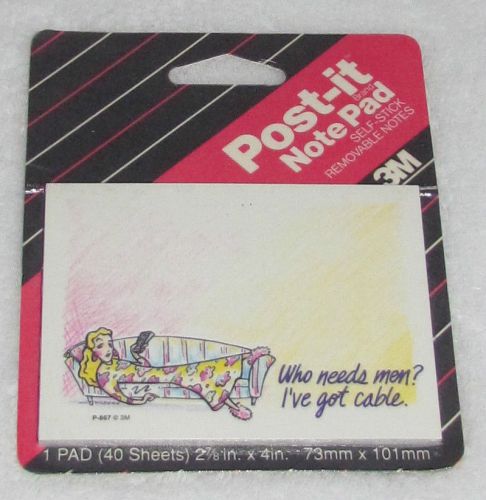 NEW! 1990 VINTAGE COLLECTIBLE 3M POST-IT NOTE PAD WHO NEEDS MEN? I&#039;VE GOT CABLE