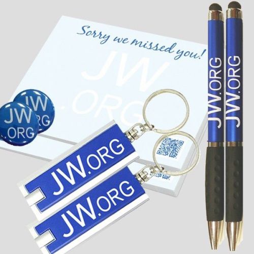 JW.ORG, (2)Return Visit Sticky Notes,(2) Key Chains (2) Stylus Pens,(2) 1in Pins