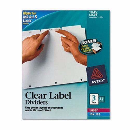 Avery Index Maker Clear Label Dividers, 3-Tab, Letter, White, 25 Sets (AVE11445)