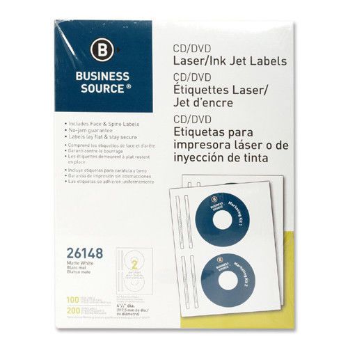 Business Source CD/DVD Labels, Laser/Inkjet, 100 per Pack, White