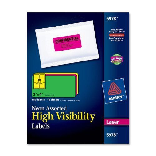 Avery High Visibility 2 x 4 Inch Labels  Assorted Fluorescent Colors 150 Pack (5