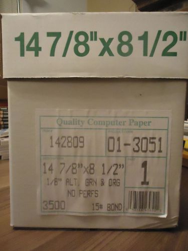 Computer FormsPaper 15# 1Part, 14-7/8&#034; x 8-1/2&#034;, 3500 CT, 1/8&#034; Green No Perfs