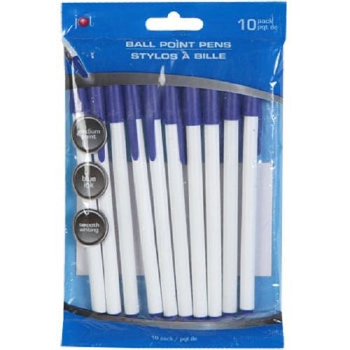 LOT of 30 Ball-Point Pens with Blue Ink, THREE 10-ct. Packs, Jot White