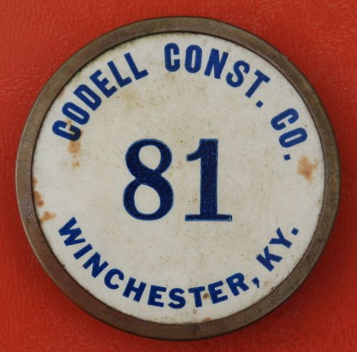 Antique brass &amp; celluloid codell construction co employee badge winchester ky for sale