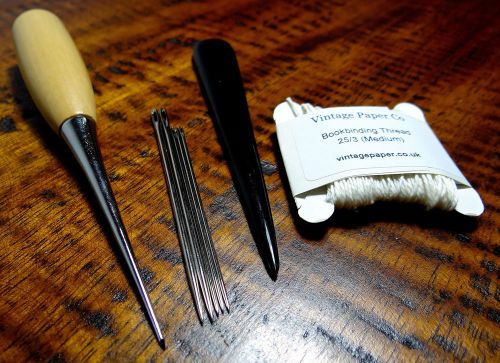 Kujiri bookbinding kit - black horn folder, awl, needles &amp; thread - free uk p&amp;p for sale