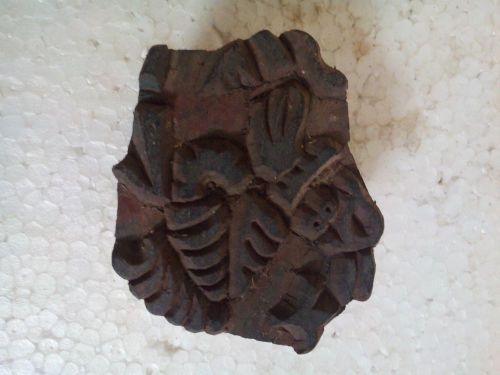 Vintage Old Hand Carved animal design Wooden Textile Printing Block with handle