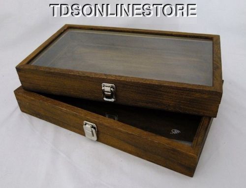 Rustic wood glass top display cases antique brown color package of 2 for sale