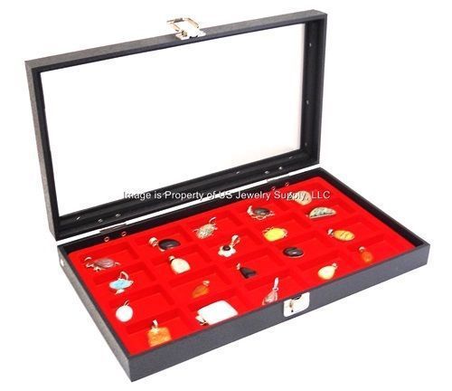 12 Glass Top Lid Red 18 Space Storage Display Box Case Jewelry Pocket Watch