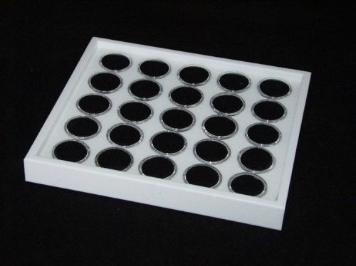 GEM TRAY STACKABLE 25 SPACE WHITE FOAM, WHITE TRAY, BLACK JARS