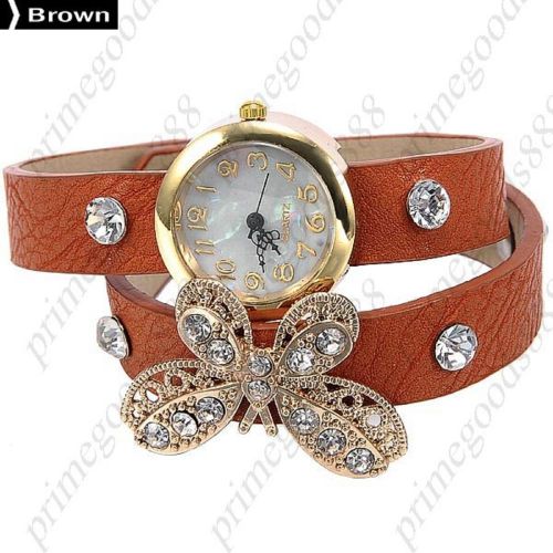Butterfly Rhinestones PU Leather Quartz Lady Ladies Wristwatch Women&#039;s Brown