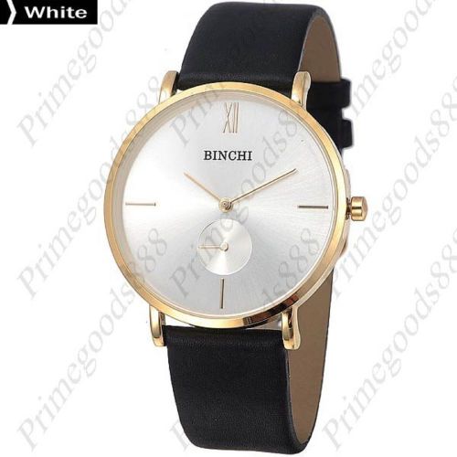 Genuine leather thin strap quartz analog sub dial wrist men&#039;s wristwatch white for sale