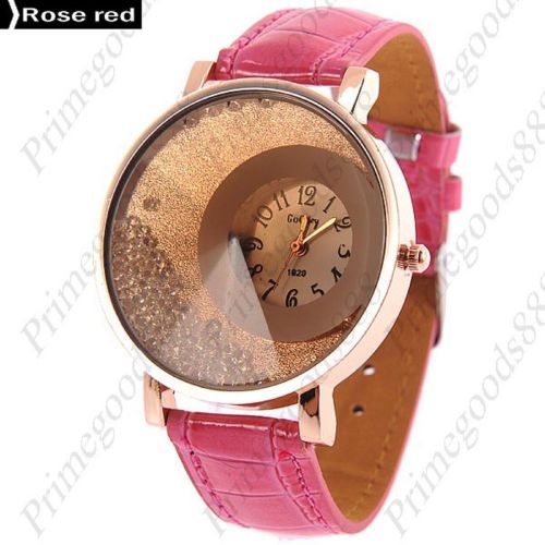 Loose Rhinestones PU Leather Analog Quartz Wrist Wristwatch Women&#039;s Rose Red