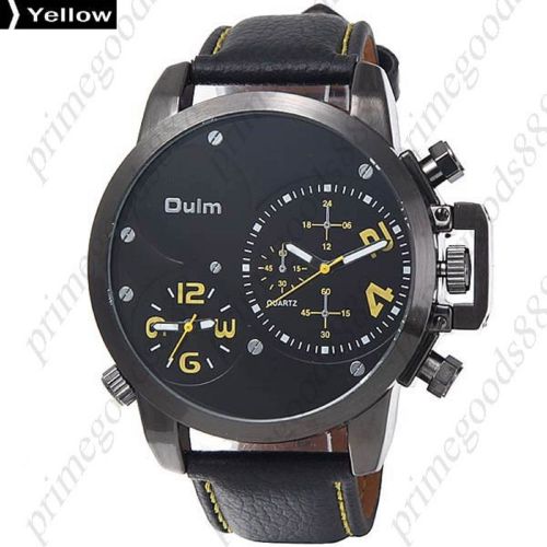 2 Time Zone PU Leather Quartz Wrist Analog Men&#039;s Wristwatch Free Shipping Yellow