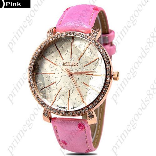Round Rhinestones PU Leather Quartz Wrist Lady Ladies Wristwatch Women&#039;s Pink