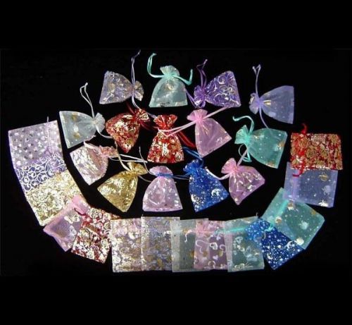 100Pcs Mixed color Pattern Drawstring Organza Wedding Gift Pouch Bags 2.7x3.5&#034; A