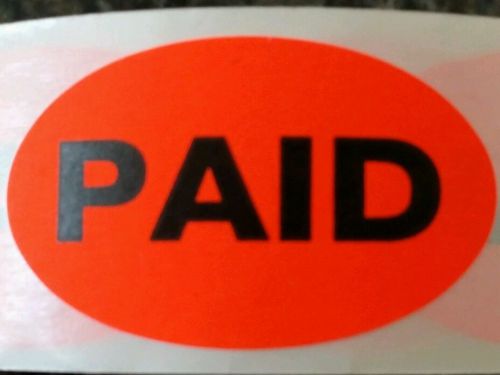 PAID fluorescent red 3/4&#034; x 1.5 oval&#034; (20 labels) invoice stickers collection