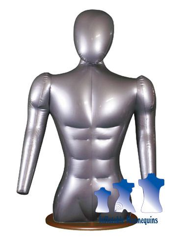 Inflatable Male Torso with Head and Arms, Silver And Wood Table Top Stand, Brown