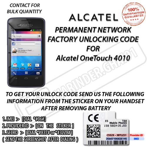 Unlock Code Alcatel OneTouch 4010A 4010X 4010D TPOP Network Lock P