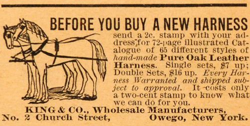 1893 Ad King Pure Oak Leather Horse Carriage Harnesses Antique Equestrian AAG1