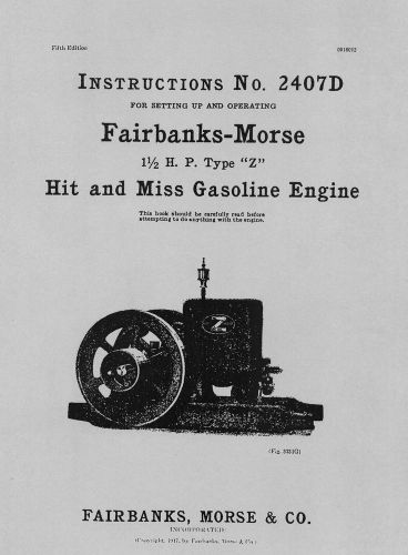 Fairbanks morse 1 1/2  hp type z instructions no. 2407d for sale