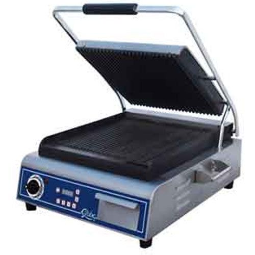 Globe gpg14d sandwich panini grill, electric, (1) 14&#034; x 14&#034; grooved upper and lo for sale