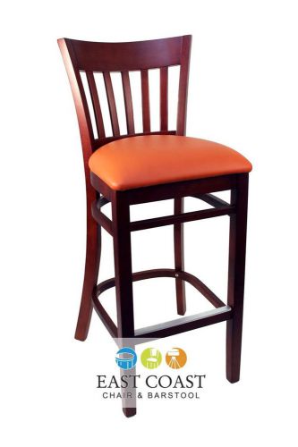 New gladiator mahogany vertical back wooden bar stool with orange vinyl seat for sale