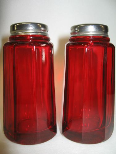 pair of ruby red glass salt and pepper shakers set castor art deco panel pattern