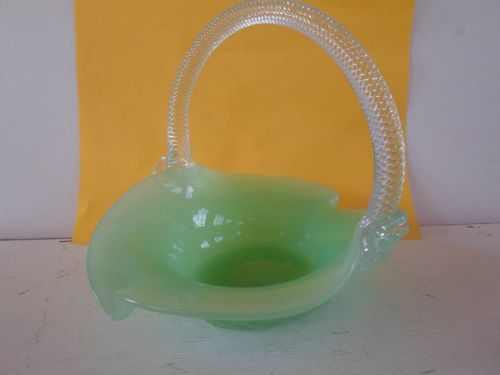 Green Opalescent glass candy basket with rope glass handle