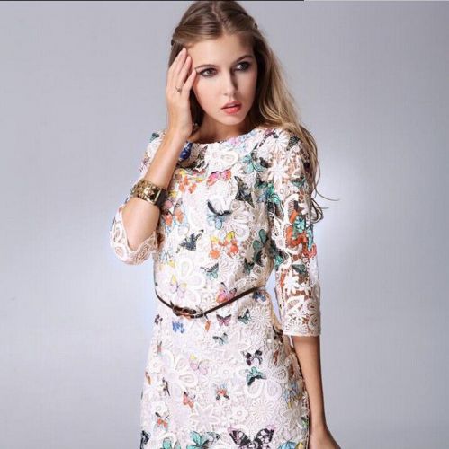 Lace Butterfly Print temperament Slim Sleeve Lace Dress