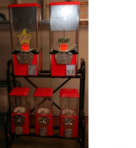 5 Gumball Candy Toy Bulk Vending Machines on a Rack stand