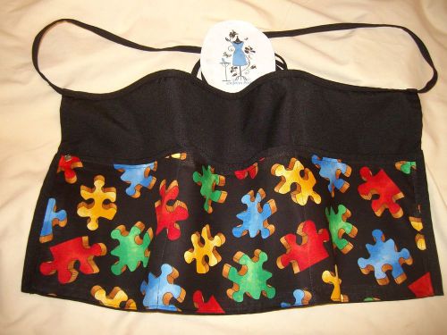 Black server waitress waist apron autistic puzzle piece  name embroidered free for sale