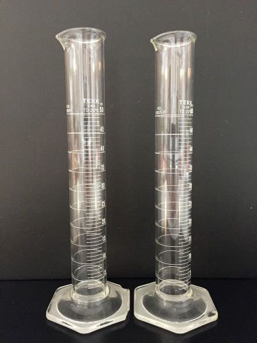 Lot of 2 tekk  50 ml borosilicate glass graduated measuring cylinders, #20025-k for sale