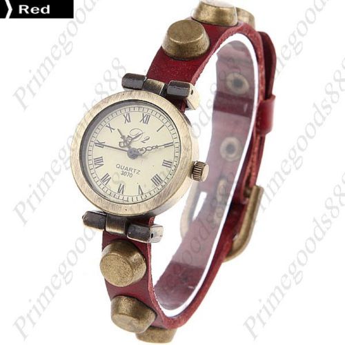 Round Nail PU Leather Analog Lady Ladies Wrist Quartz Wristwatch Women&#039;s Red