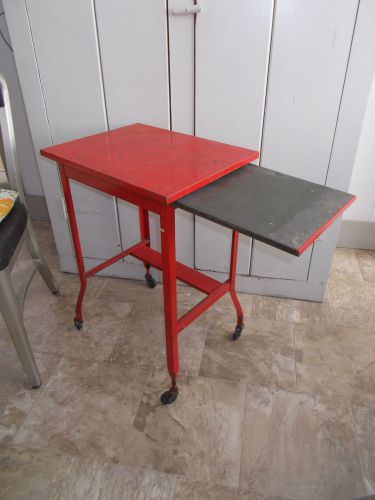 Vintage typewriter table painted red metal w/ pull-out side shelf rolling wheels for sale