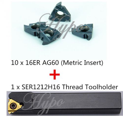 10Pcs 16ER 3/8&#034; AG60 Insert And SER 12x100mm External Thread Turning Toolholder
