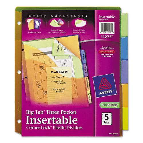 Insertable three-pocket divider with corner lock, 11 x 9, 5-tab, assorted for sale