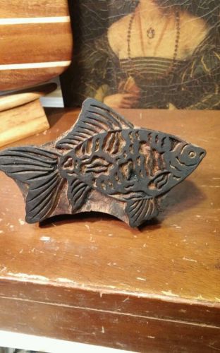 VINTAGE WOOD CARVED TEXTILE PRINTING FABRIC BLOCK STAMP FISH CARVING LARGE SIZE